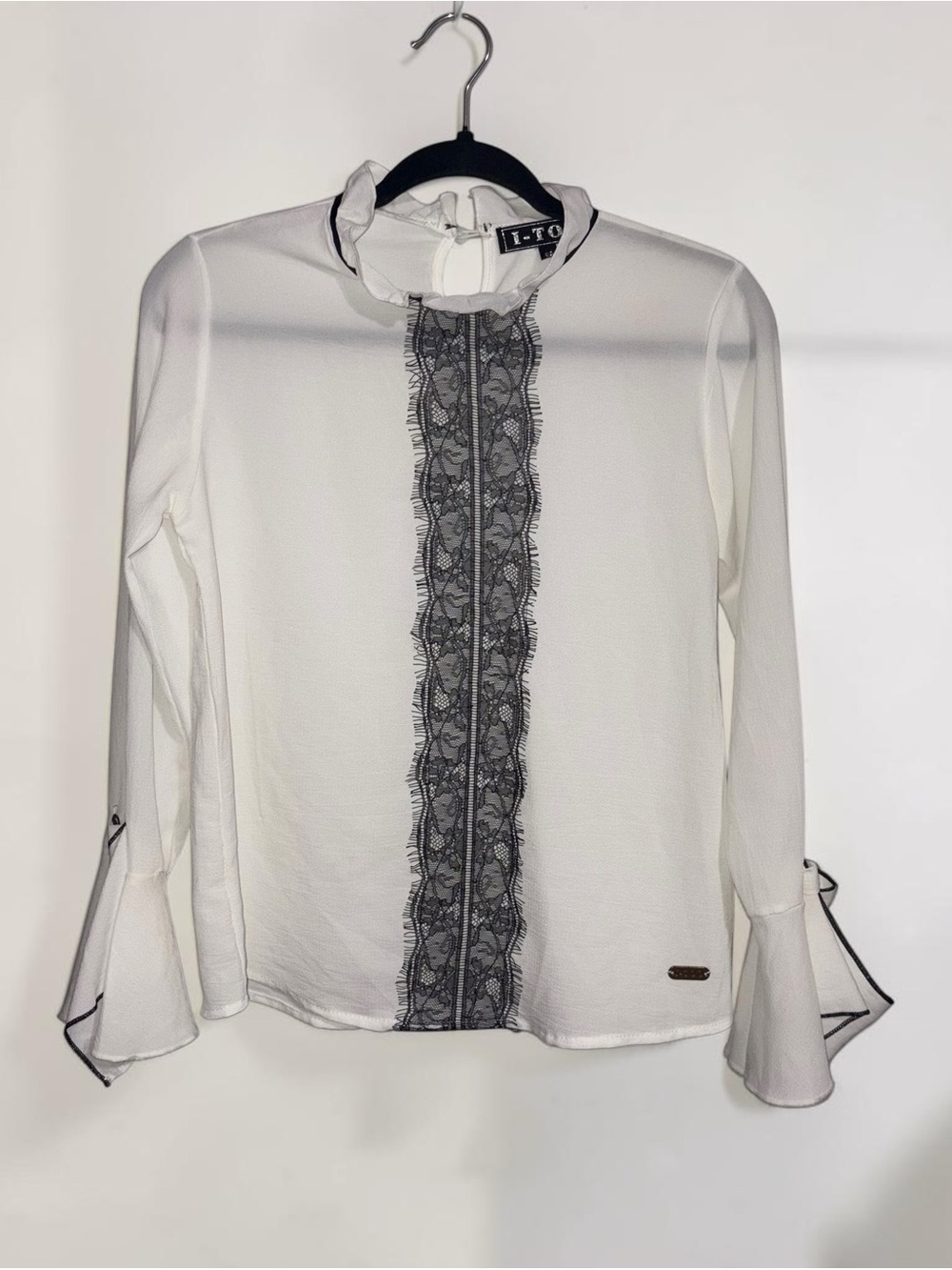 I-Too Cream Long-Sleeve Blouse with Black Lace Trim